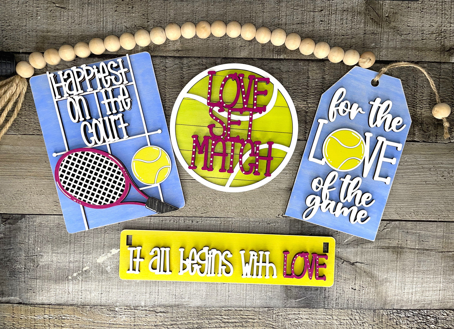 It All Begins With Love, DIY Tennis Tiered Tray Decor Kit – Interchangeable Unfinished Craft Set for Wagon, Crate, Bench, House or Barn Display