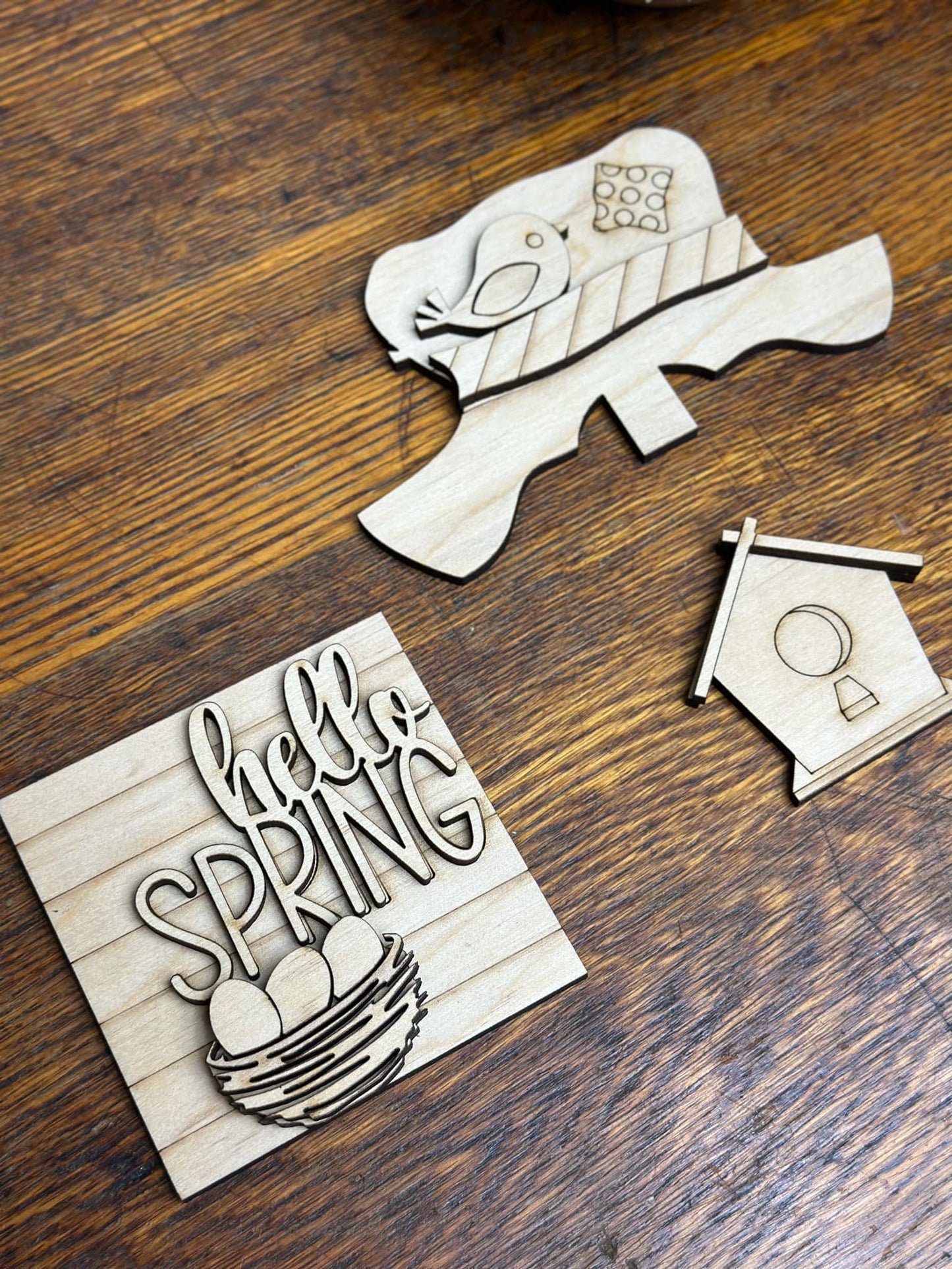 Hello Spring, Spring Insert for Interchangeable Standing Gnome, Interchangeable DIY Craft Kit, Unfinished Birch Plywood Craft Kit