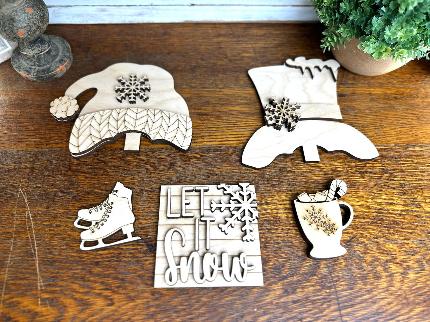Let It Snow, Winter Insert for Interchangeable Standing Gnome, Interchangeable DIY Craft Kit, Unfinished Birch Plywood Craft Kit
