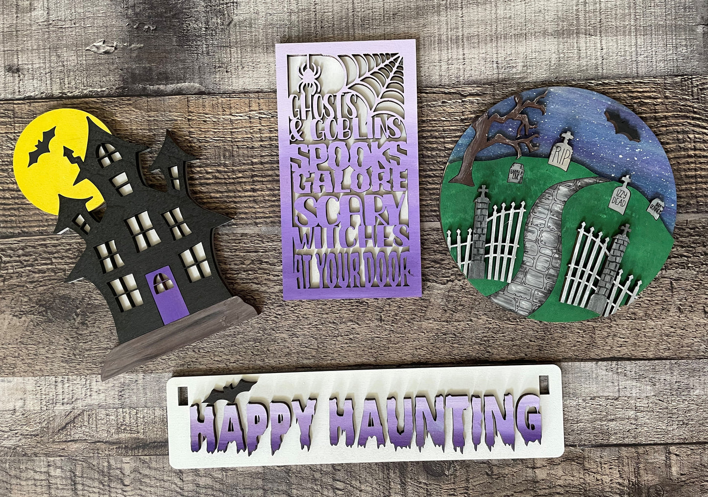 Happy Haunting DIY Craft Kit – Graveyard & Haunted House Interchangeable Halloween Wood Inserts