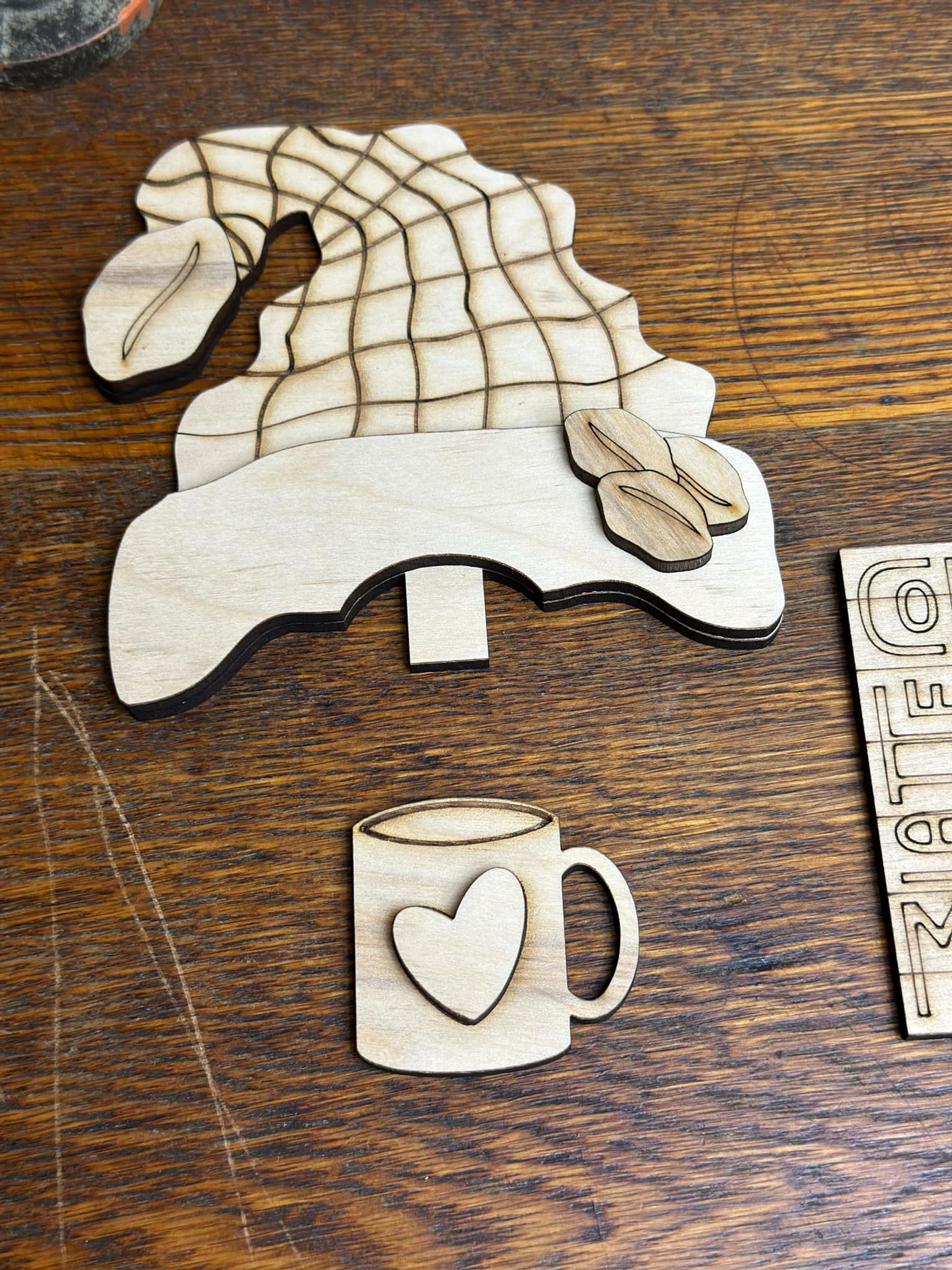 Cold Brew, Coffee Time Insert for Interchangeable Standing Gnome, Interchangeable DIY Craft Kit, Unfinished Birch Plywood Craft Kit