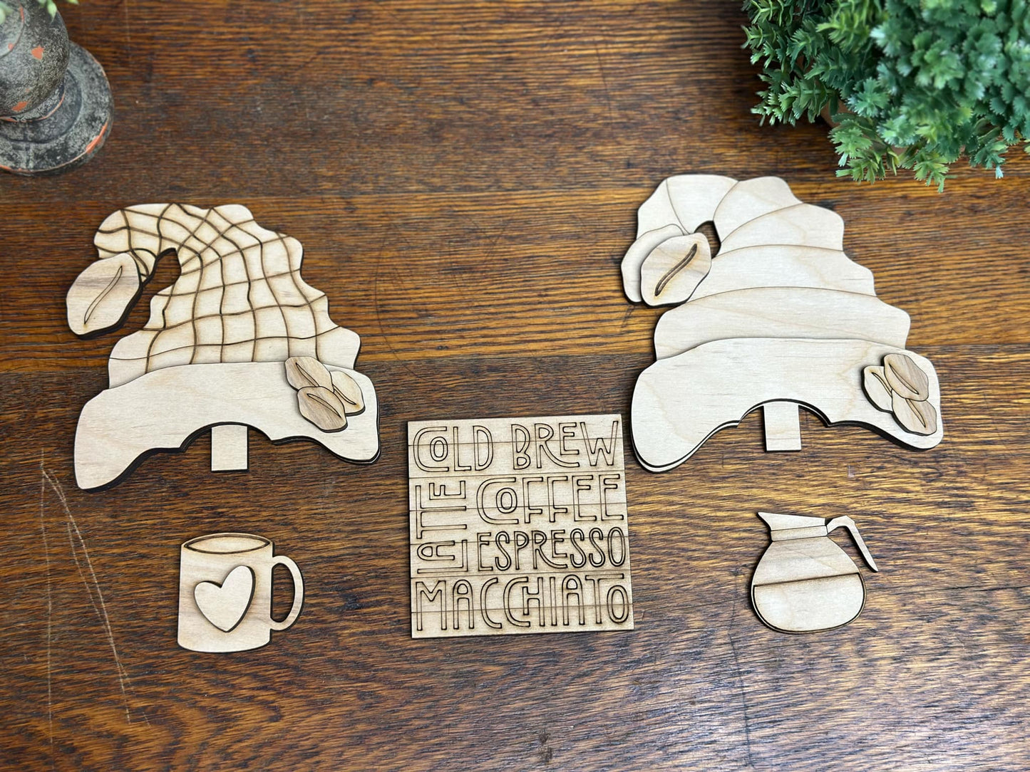 Cold Brew, Coffee Time Insert for Interchangeable Standing Gnome, Interchangeable DIY Craft Kit, Unfinished Birch Plywood Craft Kit