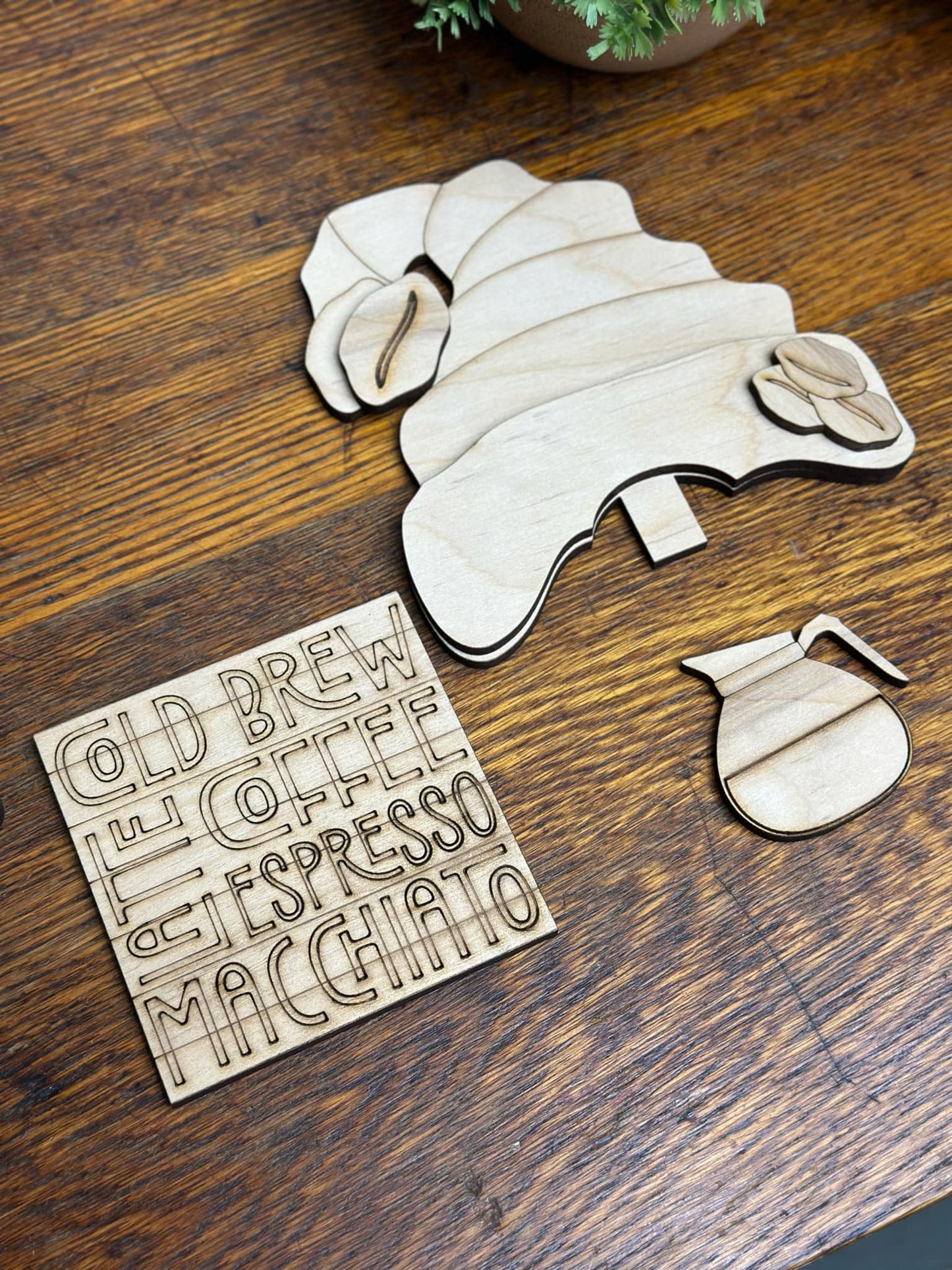 Cold Brew, Coffee Time Insert for Interchangeable Standing Gnome, Interchangeable DIY Craft Kit, Unfinished Birch Plywood Craft Kit
