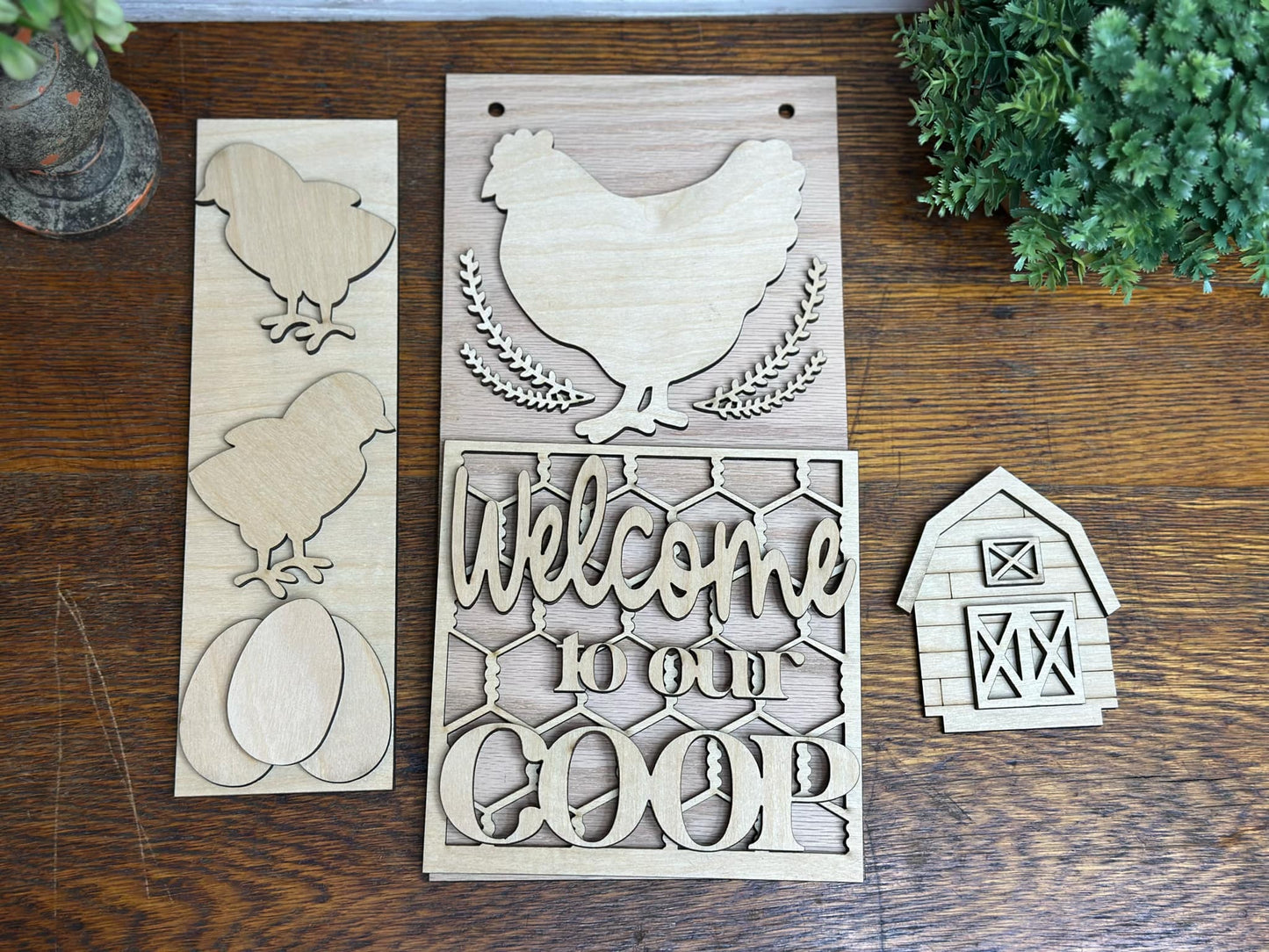 Interchangeable Chicken Themed DIY Craft Kit with Unfinished Birch or Maple Plywood Cutouts