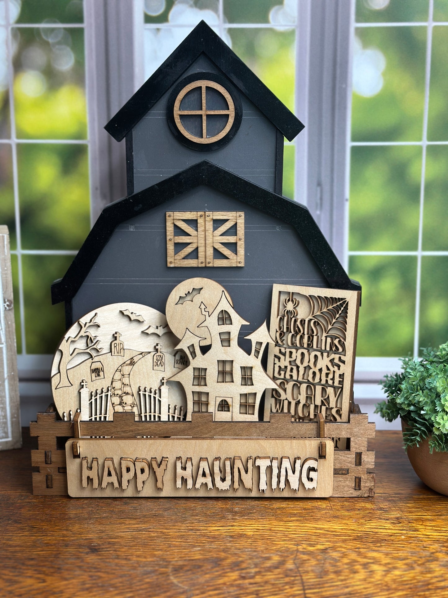 Happy Haunting DIY Craft Kit – Graveyard & Haunted House Interchangeable Halloween Wood Inserts