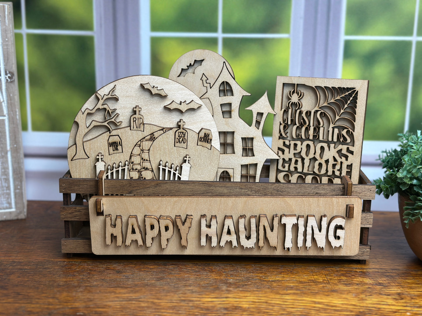 Happy Haunting DIY Craft Kit – Graveyard & Haunted House Interchangeable Halloween Wood Inserts