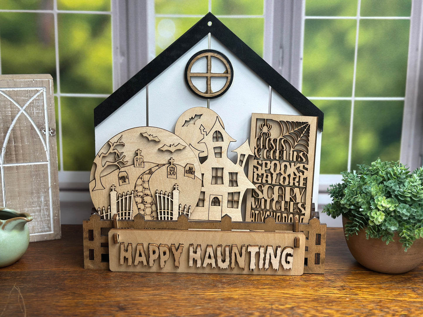 Happy Haunting DIY Craft Kit – Graveyard & Haunted House Interchangeable Halloween Wood Inserts