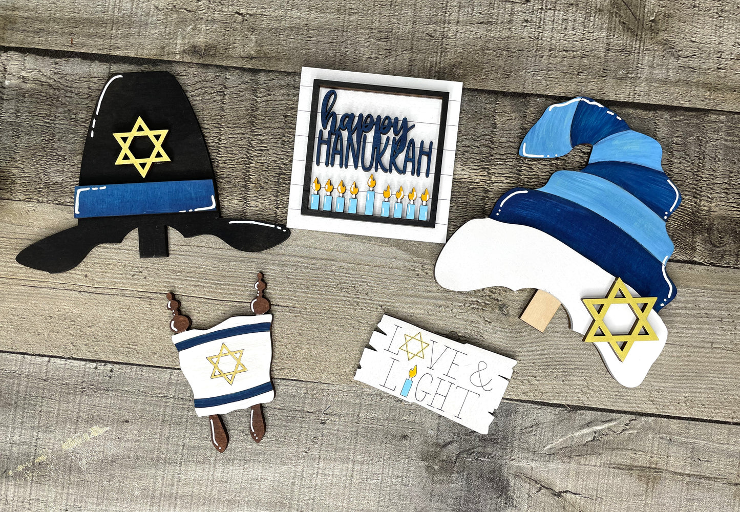 Happy Hanukkah, Holiday Insert for Interchangeable Standing Gnome, Interchangeable DIY Craft Kit, Unfinished Birch Plywood Craft Kit