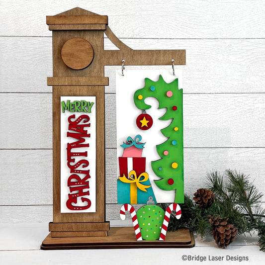 Christmas Tree Post DIY Insert Kit – Holiday Wood Sign with Gifts, Tree & Candy Canes for Interchangeable Display