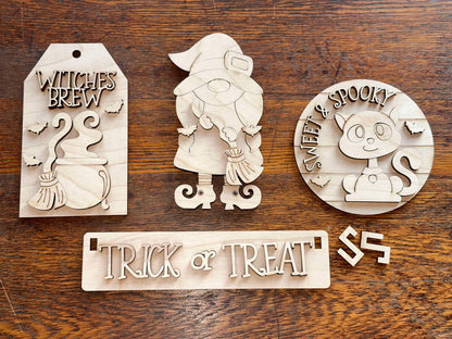 Halloween Witch & Cat DIY Craft Kit – Interchangeable Wood Signs for Tiered Tray, Crate, Wagon or Shelf Decor – Unfinished Halloween Paint Kit