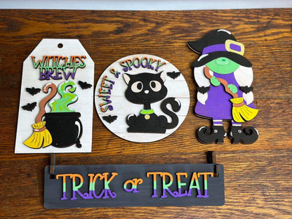 Halloween Witch & Cat DIY Craft Kit – Interchangeable Wood Signs for Tiered Tray, Crate, Wagon or Shelf Decor – Unfinished Halloween Paint Kit