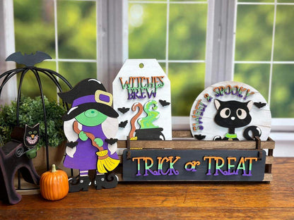 Halloween Witch & Cat DIY Craft Kit – Interchangeable Wood Signs for Tiered Tray, Crate, Wagon or Shelf Decor – Unfinished Halloween Paint Kit