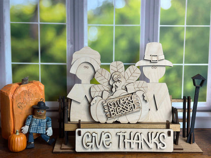 Give Thanks, Pilgram, Interchangeable Thanksgiving Themed DIY Craft Kit with Unfinished Birch or Maple Plywood Cutouts