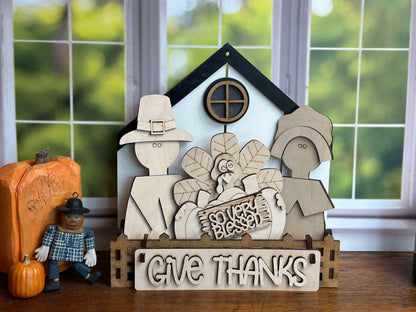 Give Thanks, Pilgram, Interchangeable Thanksgiving Themed DIY Craft Kit with Unfinished Birch or Maple Plywood Cutouts