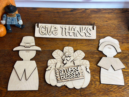 Give Thanks, Pilgram, Interchangeable Thanksgiving Themed DIY Craft Kit with Unfinished Birch or Maple Plywood Cutouts