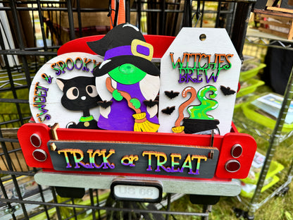 Halloween Witch & Cat DIY Craft Kit – Interchangeable Wood Signs for Tiered Tray, Crate, Wagon or Shelf Decor – Unfinished Halloween Paint Kit