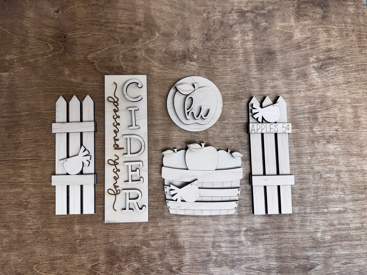 Unfinished apple orchard DIY wood craft kit with Fresh Pressed Cider sign, apple basket, fence accents and round apple insert