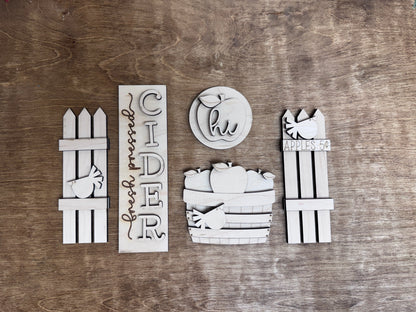 Unfinished apple orchard DIY wood craft kit with Fresh Pressed Cider sign, apple basket, fence accents and round apple insert