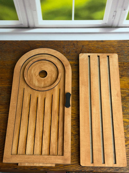 Finished wood Arched Door and slotted tabletop stand for interchangeable seasonal décor sets