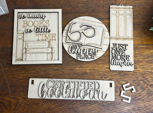 Certified Bookworm, Book Lover, Interchangeable Book Themed DIY Craft Kit with Unfinished Birch or Maple Plywood Cutouts