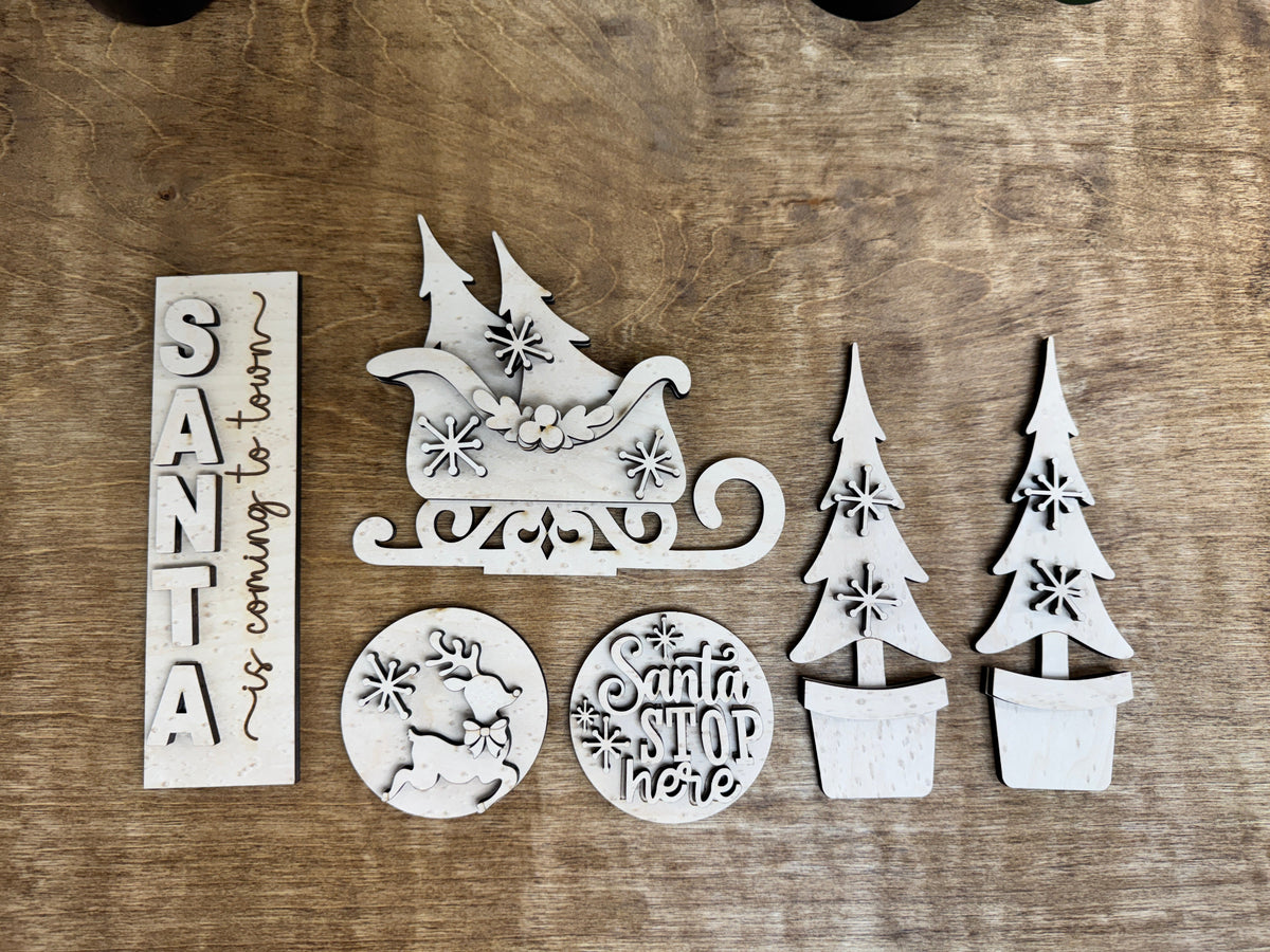 Unfinished Christmas Arched Door interchangeable insert with Santa sleigh, reindeer, signs and Christmas trees