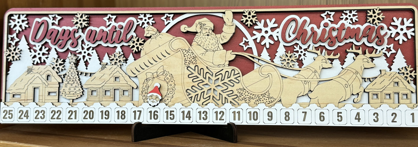 Santa Sleigh Christmas Countdown Calendar, Wooden Holiday Decor, Festive Tabletop Display