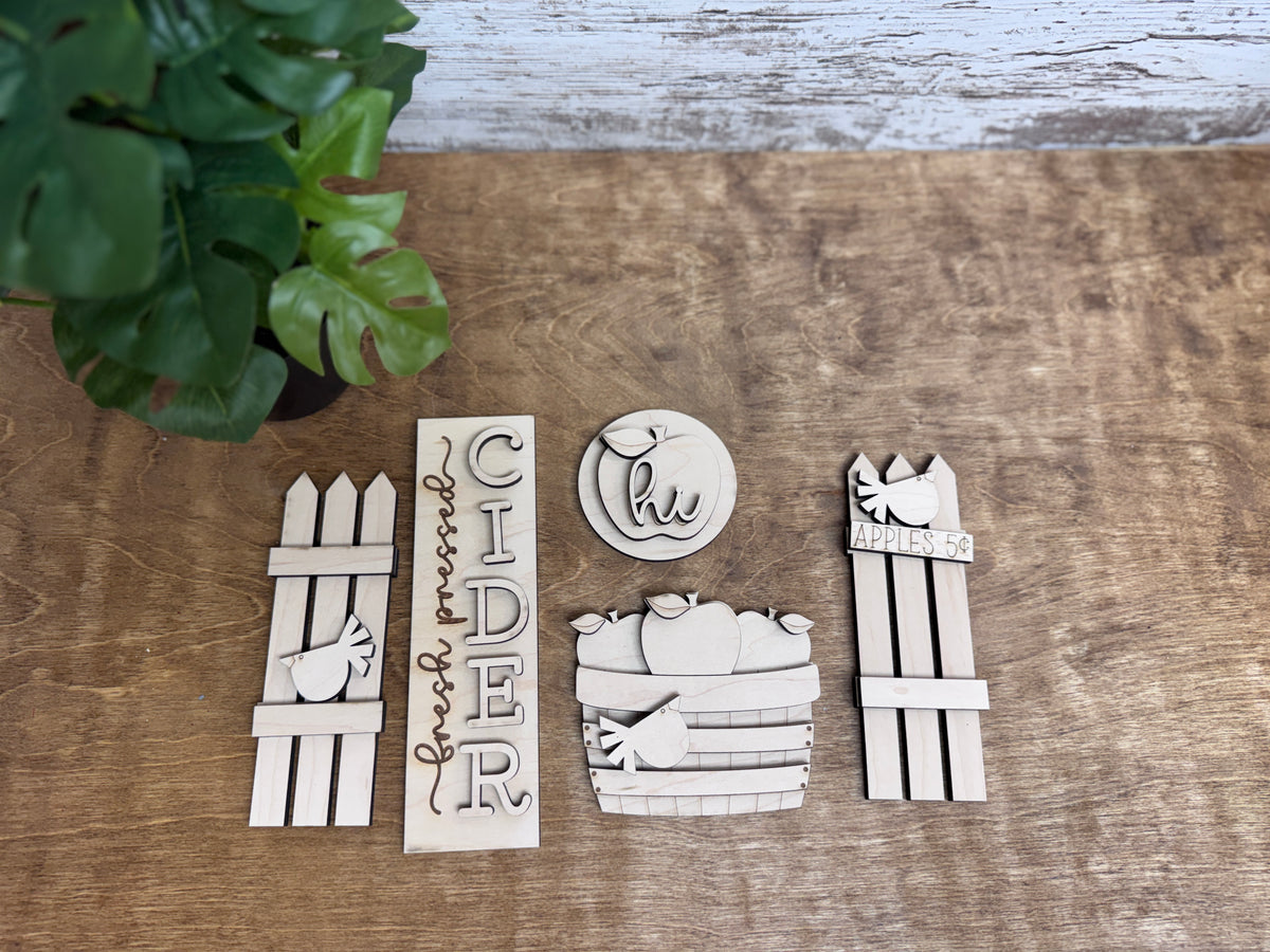 Complete unfinished fall apple orchard DIY insert set with Fresh Pressed Cider sign and apple-themed accents