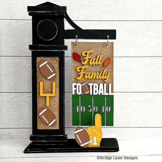 Completed football design displayed on the post