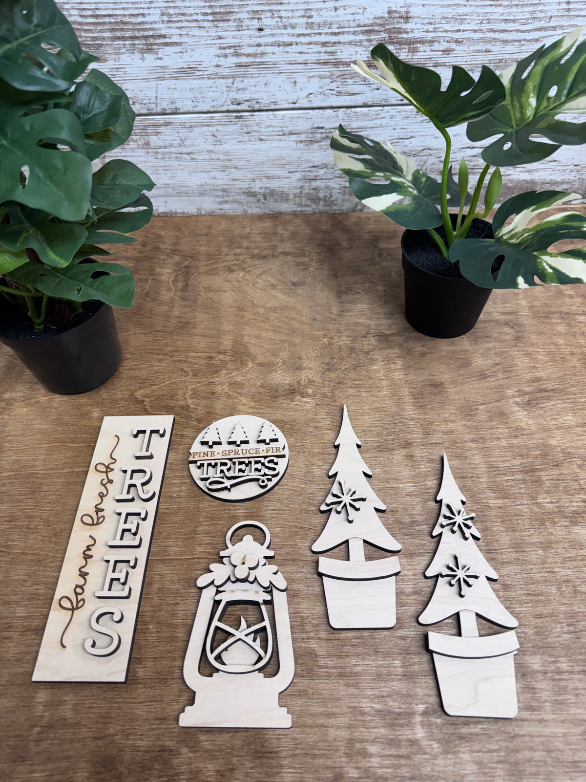 Unfinished Farm Fresh Trees DIY wood craft kit with potted evergreen trees, lantern, tree farm sign and Pine Spruce Fir round