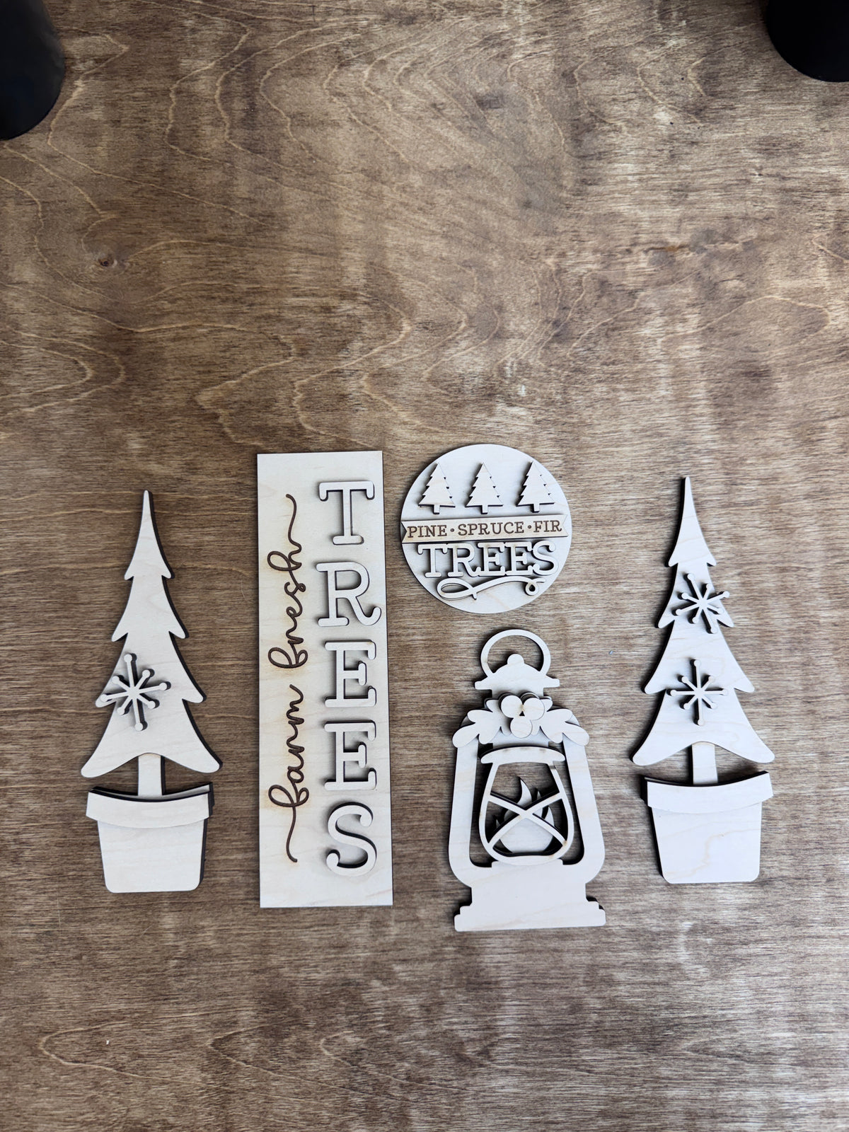Laser-cut Farm Fresh Trees winter DIY craft kit pieces ready to paint and assemble