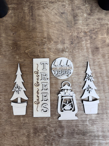 Laser-cut Farm Fresh Trees winter DIY craft kit pieces ready to paint and assemble