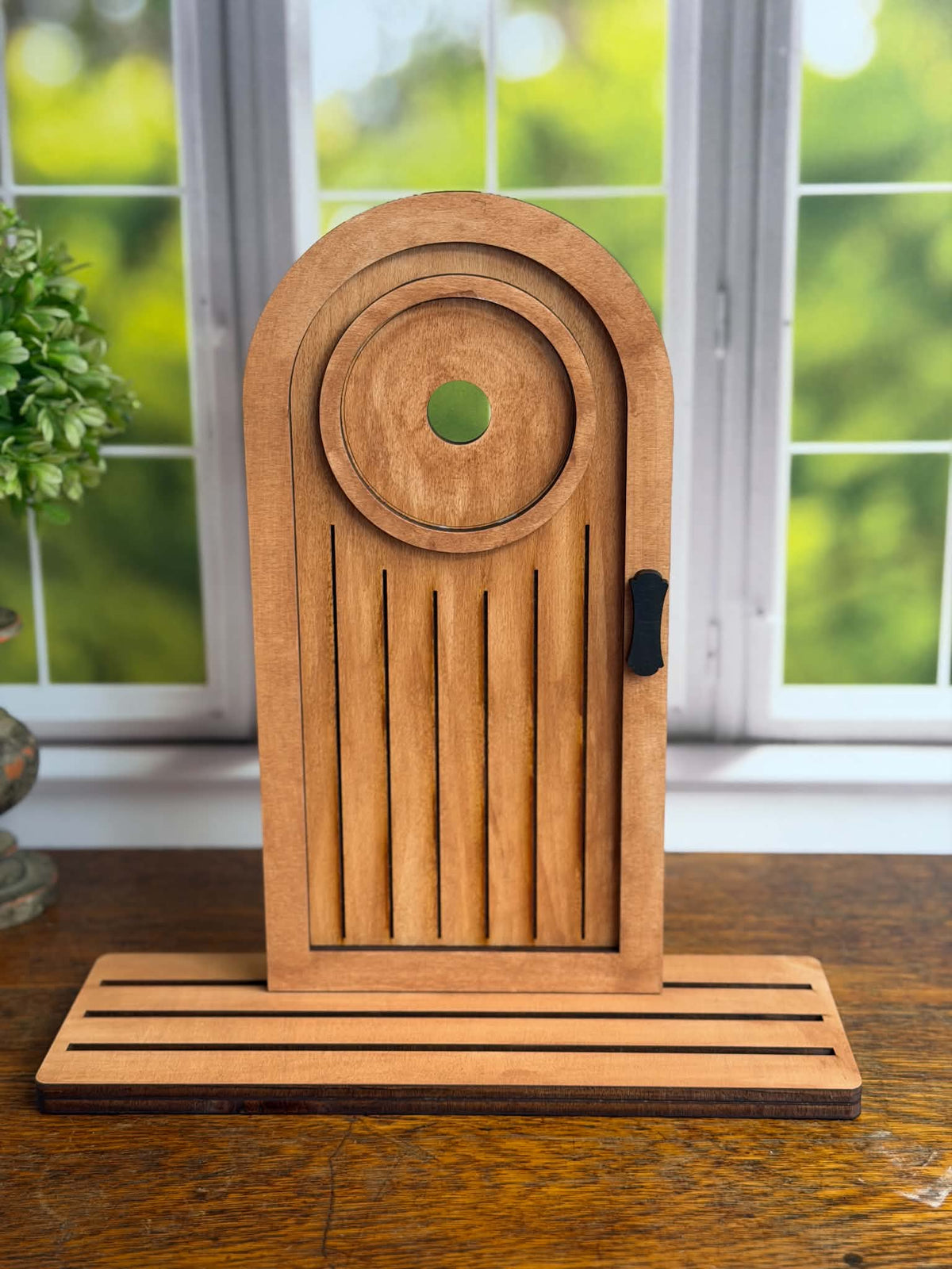 Finished Arched Door interchangeable seasonal wood display with round insert area and slotted tabletop base