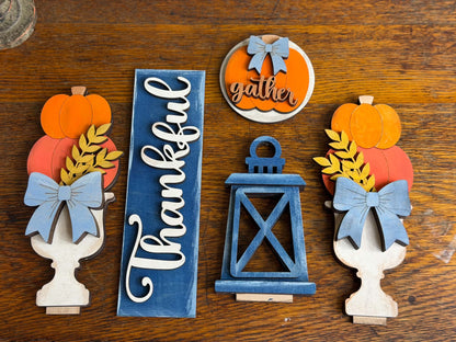 Finished Thankful fall wood décor set with pumpkin topiaries, lantern, sign and Gather pumpkin insert