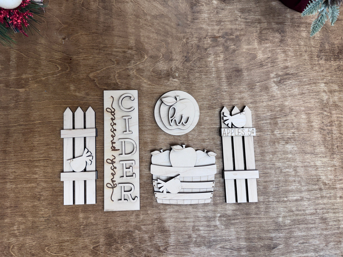 Unpainted Fresh Pressed Cider interchangeable door insert kit with layered apple-themed wooden pieces