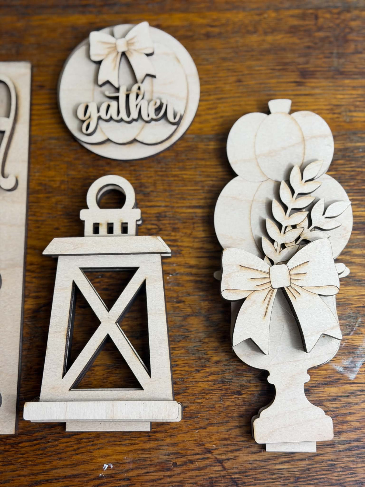 Unfinished Gather pumpkin interchangeable door insert, lantern and pumpkin topiary from the fall décor set