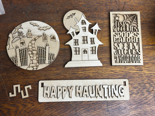 Happy Haunting DIY Craft Kit – Graveyard & Haunted House Interchangeable Halloween Wood Inserts