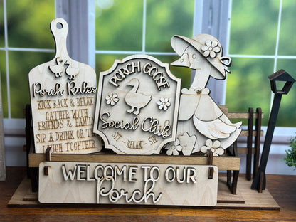 Porch Goose Social Club DIY Craft Kit – Unpainted Wooden Insert for Wagon, Crate, or Bench