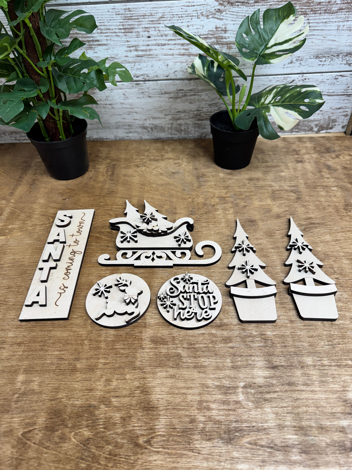 Unfinished Santa Christmas interchangeable décor DIY wood craft kit with sleigh, reindeer, signs and potted trees