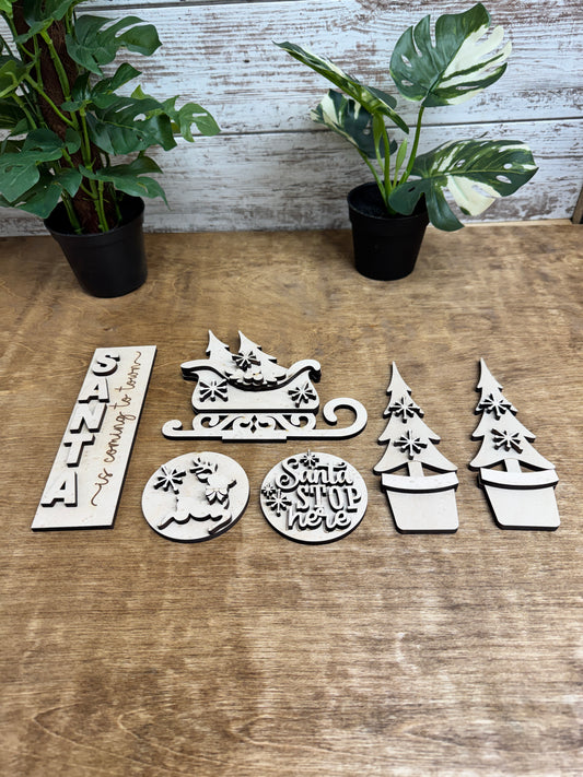 Unfinished Santa Christmas interchangeable décor DIY wood craft kit with sleigh, reindeer, signs and potted trees