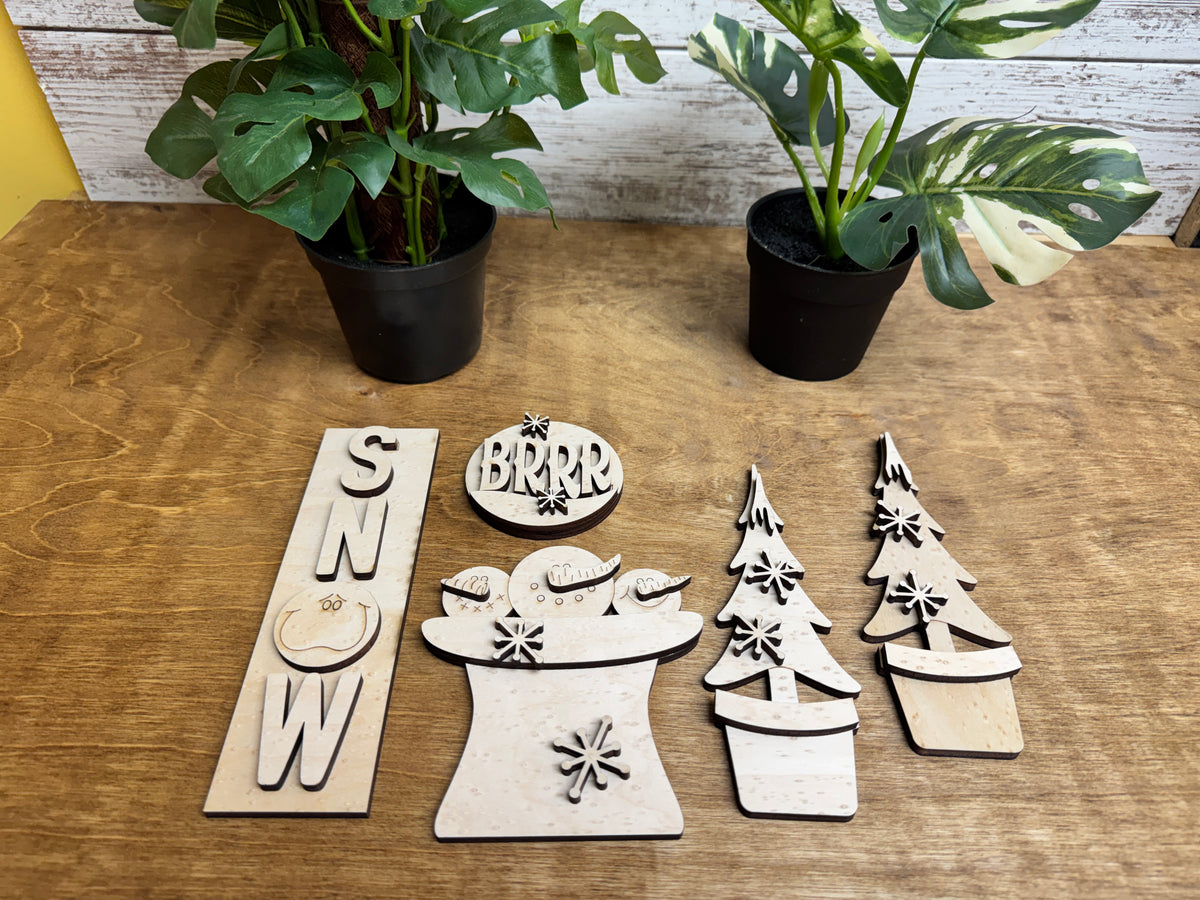 DIY unfinished wood snowman and winter home décor craft pieces for interchangeable Arched Door Base