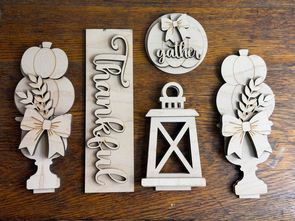 Unfinished Thankful fall DIY wood décor set with pumpkin topiaries, lantern, sign and Gather door insert