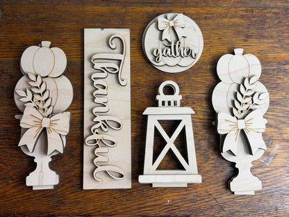 Unfinished Thankful fall DIY wood décor set with pumpkin topiaries, lantern, sign and Gather door insert