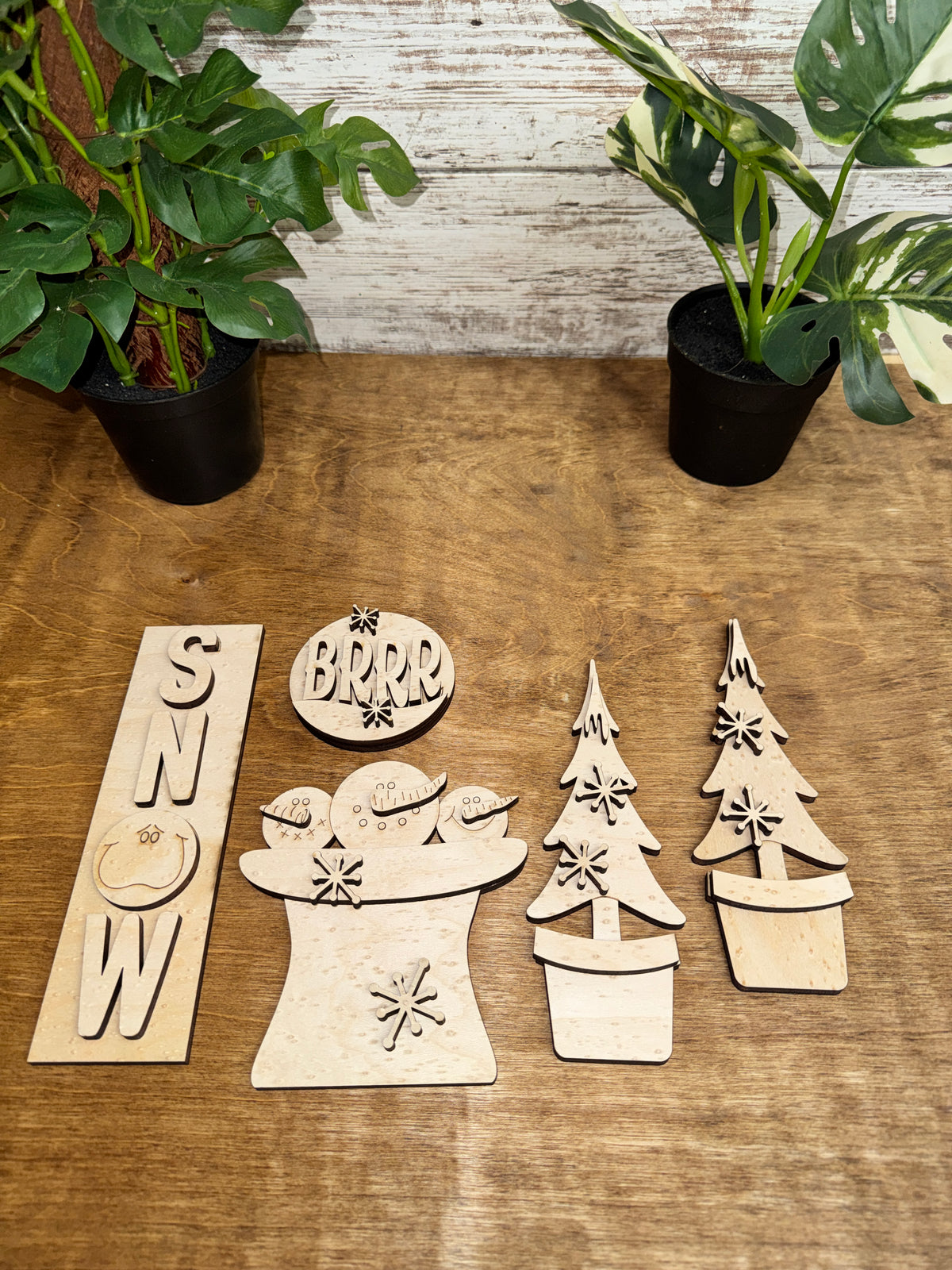 Unfinished Winter Snow interchangeable DIY wood craft kit with snowmen, trees, SNOW sign and BRRR accent